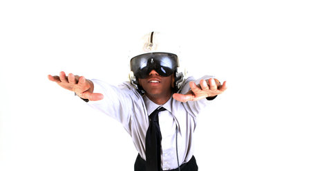 Man in flight helmet daydreamingの写真素材
