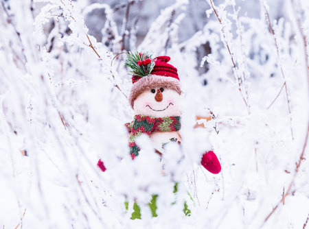 Snowman in snow-bound forest dressed in woolen garmentsの写真素材