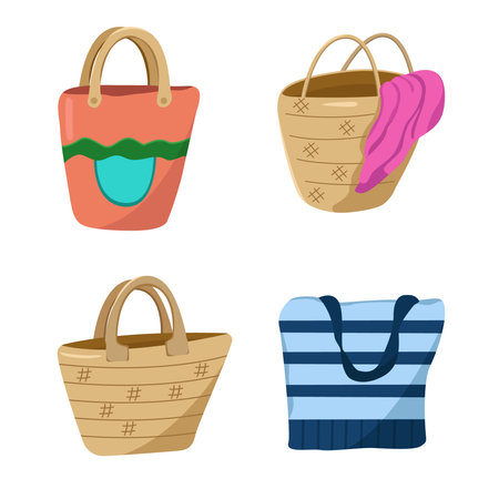 Seamless vector set of beach bags. Color image of summer handbags made of different materials. Vector set of beach summer bags made of different materialsのイラスト素材