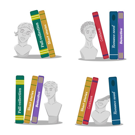 Vector image of an ancient head. Modern art with the head of an antique statue. Statue with a plaster head in the form of a book stand. Image of a plaster head and various books.のイラスト素材