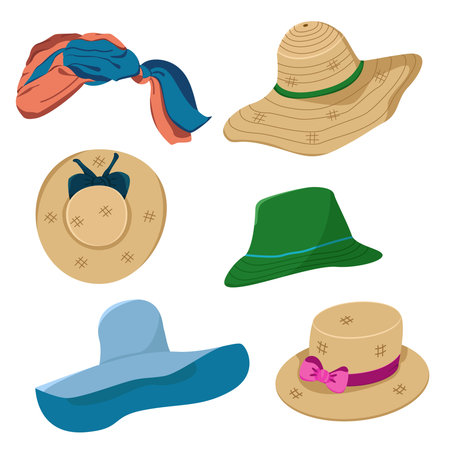 Color set of beach hats. Vector image of summer hats with different textures. The concept of protection from sunlight. Vector set of hats made of different materialsのイラスト素材