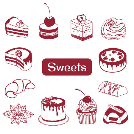 Vector set of cakes and pastries with filling. Illustration of sweets in the style of doodles. confectionery products. Image of Cakes, pastries, croissantのイラスト素材