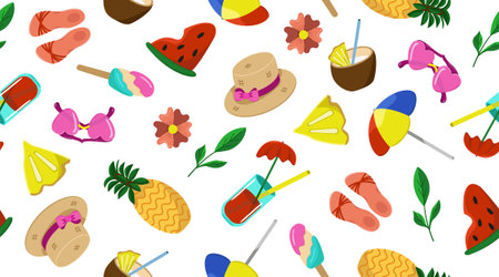 Vector seamless set of items for Summer holidays. Pattern items for a party on the beach. Horizontal banner on a summer theme with an image of bathing.のイラスト素材