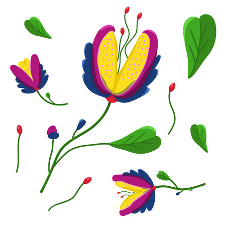 Color illustration of fantastic colors. Set of fabulous alien plants on a white background. Magic flowers. Color card for congratulations on unusual plants. Illustration for congratulations.のイラスト素材