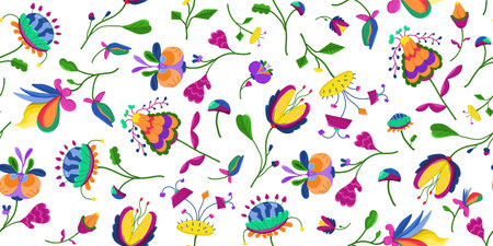 Color seamless illustration of fantastic colors. Set of fantastic alien plants on a white background. Magic flowers. Colored texture for textiles and packaging with unusual plants.のイラスト素材