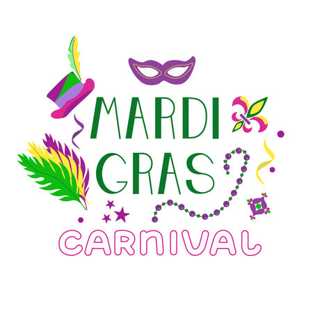 Vector color lettering for Mardi Gras carnival.Mardi gras party design. Collection of French traditional mardi gras symbols. Image of the mask, beads, feathers and hats of the holiday.のイラスト素材