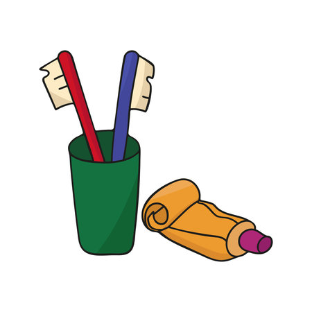 Color vector image of toothbrushes and toothpaste. Image of hygiene items. Dentistry, oral health and hygiene concept. Morning and evening rituals for brushing your teeth.のイラスト素材