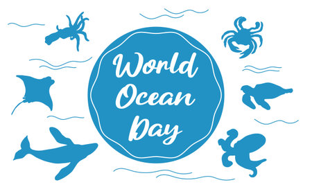 Vector with the image of whales and other inhabitants of the seas and oceans. Banner of the World Marine Mammal Protection Day. Images for World Whale Day. Vector for World Ocean Day.のイラスト素材