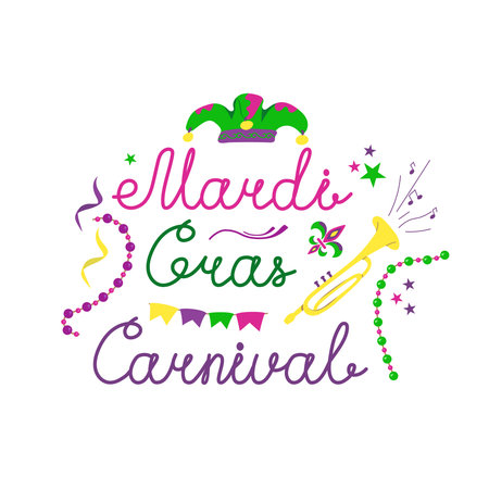 Vector color lettering for Mardi Gras carnival.Mardi gras party design. Collection of French traditional mardi gras symbols. Image of the mask, beads, feathers and hats of the holiday.のイラスト素材