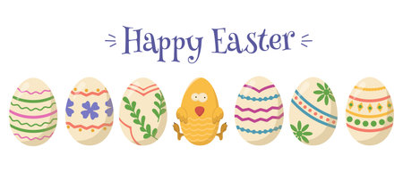 Vector banner with Easter eggs and chick. Set of painted eggs with a yellow chicken on a white background. Easter religious holiday concept. Spring design elements for holiday cards. Greeting Easter bannerのイラスト素材