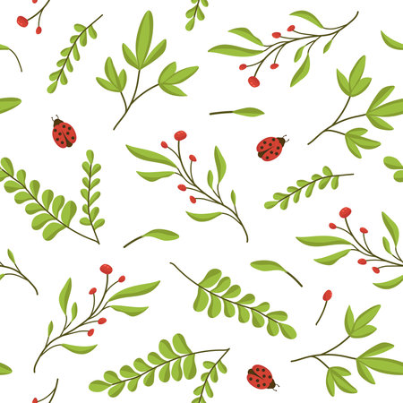 Seamless vector illustration of spring flowers, leaves and ladybugs. Colored spring wallpaper on a white background. Hand drawn botanical elements. Flowers, leaves and ladybugs image for textile, wrapping paper, cover, surface, designのイラスト素材