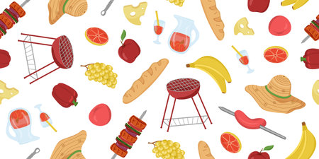Vector illustration of food, drinks and paraphernalia for a picnic. Seamless barbecue pattern. BBQ elements. Image of vegetables, fruits and drinks for a picnic.のイラスト素材