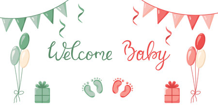 Vector invitation card template for baby gender reveal party. Welcome baby greeting card. Color illustration with balls, flags and gifts on a white background.のイラスト素材