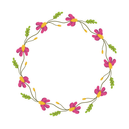 Vector wreath of leaves and wildflowers. Botanical frame. Template for a postcard. Green circle of leaves and flowers. Concept of spring and summer holiday invitation.のイラスト素材