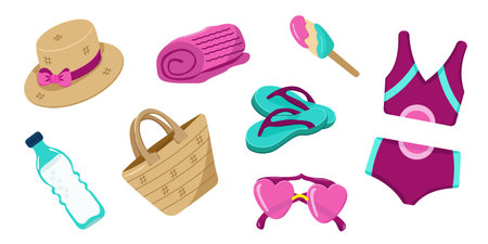 Vector set of summer clothes and accessories for vacation. Clothes for relaxing at sea and on the beach. Summer beach fashion.のイラスト素材