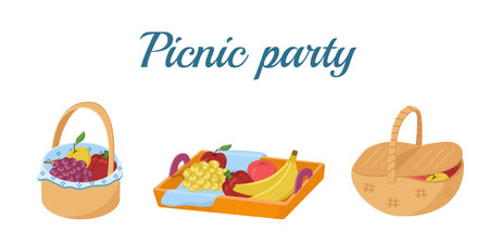 Vector illustration of trays with food for a Picnic. Colored barbecue card. Set of items for a family weekend in the forest or park.のイラスト素材
