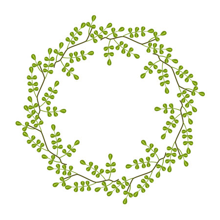 Vector wreath of meadow leaves. Botanical frame. Template for a postcard. Green circle of leaves and branches. Concept of spring and summer holiday invitation. Color illustration of a garden for a wedding invitation.のイラスト素材
