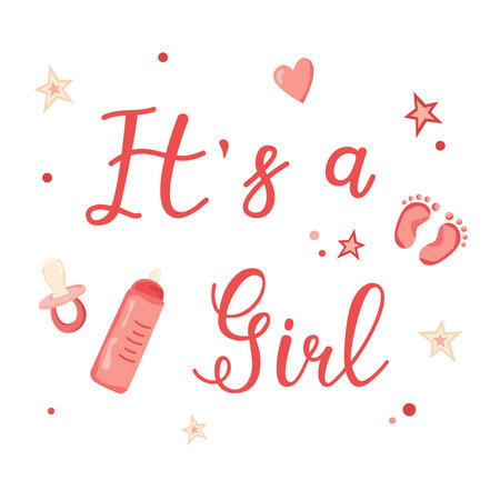 Hand drawn greeting card for the birth of a Girl. Vector invitation card template for baby gender reveal party. Color illustration with newborn items on a white background. Calligraphic lettering for cards, invitations and banners.のイラスト素材