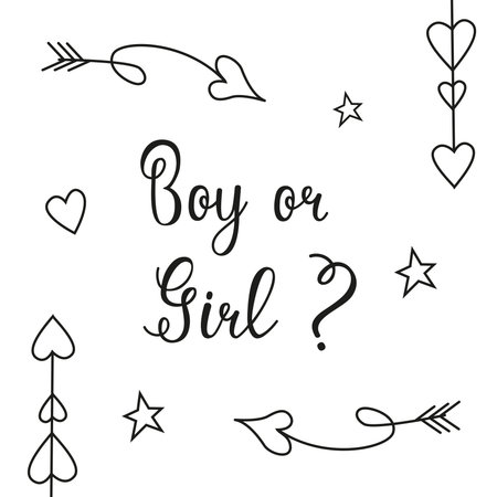 Hand lettering Boy or girl. Image of hearts and arrows in doodle style. Vector invitation card template for baby gender reveal party. Calligraphy lettering on cards, invitations and banners.のイラスト素材