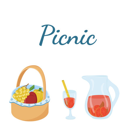 Vector illustration of a basket with food and drinks for a picnic. Barbecue color card. Set of things for a family day out in the forest or park. BBQ elements. Image of vegetables and fruits in a basket with drinks for a picnic.のイラスト素材