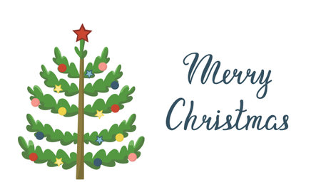 Vector greeting card with Christmas tree. Horizontal banner of Merry Christmas. Festive tree with text.のイラスト素材