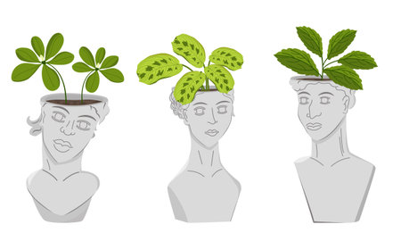 Vector image of antique heads in the form of flower pots. Modern art with antique statue head. House plants. Botanical illustrationのイラスト素材