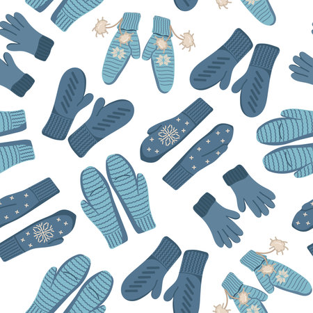 Vector seamless pattern with knitted mittens. Winter background for wallpaper and packaging. Image of winter clothesのイラスト素材