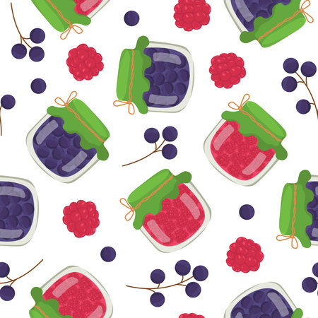 Colorful seamless pattern with homemade canned berries. Glass jar with raspberry and currant jam. Seasonal harvest concept. Image for wallpaper, paper and packaging.のイラスト素材