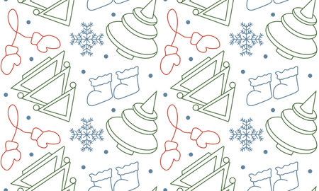 Seamless pattern with Christmas tree and snowflakes in doodle style. Geometric trees for New Year. Winter mittens and shoes. Image for packaging, textiles and wallpaper.のイラスト素材