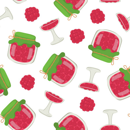 Colorful seamless pattern with homemade canned berries. Glass jar with raspberry jam. Preparations for winter. Seasonal harvest concept. Image for wallpaper, paper and packaging.のイラスト素材