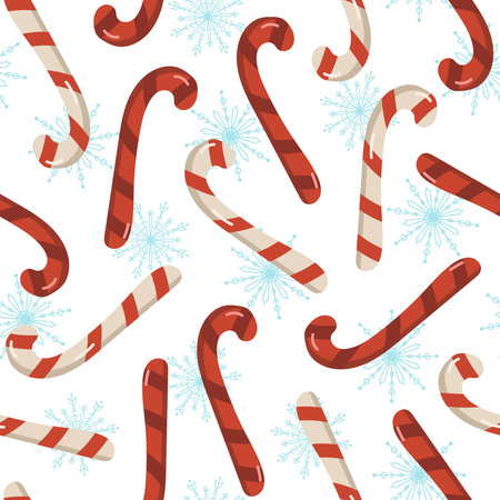 Vector seamless pattern with lollipops and snowflakes on a white background. New Year sweets. Winter sale concept. Drawing for wallpaper, packaging and paper. Image of sweets.のイラスト素材
