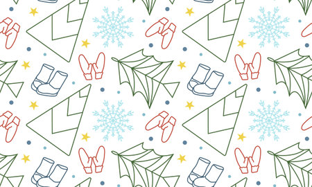 Seamless pattern with Christmas tree and snowflakes in doodle style. Geometric trees for New Year and Christmas. Holiday background. Winter mittens and boots. Horizontal image for packaging, textiles and wallpaper.のイラスト素材