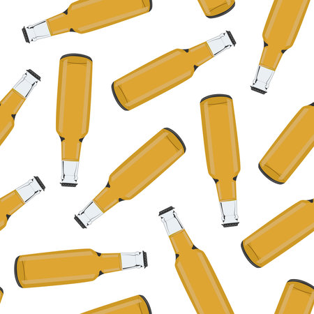 Beer bottles seamless pattern. Vector illustration of alcoholic drink made from malt and barley. Color image for packaging and paper. Drawing for bars and pubs.のイラスト素材