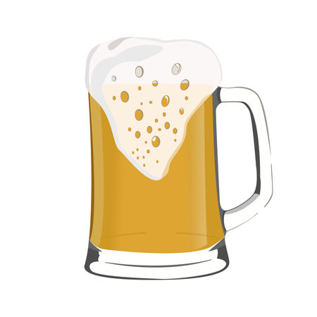 Vector illustration of beer mug with foam and bubbles. Image of alcoholic drink from malt and barley isolated on white background. Card for invitations. Icon for bars and pubs.のイラスト素材