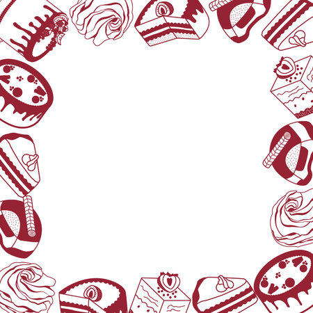 Vector frame of cakes and pastries. Image of confectionery with space for text. Sweet pastries in doodle style. Illustration of cake, candies and marshmallowsのイラスト素材
