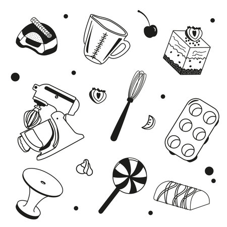 Vector set of cakes, candies and pastry utensils with berries. Image of confectionery sweet food with mixer, whiskey and measuring cup. Pastry Chef Day concept. Illustration of cakes, candies, mixer and baking pan in doodle styleのイラスト素材