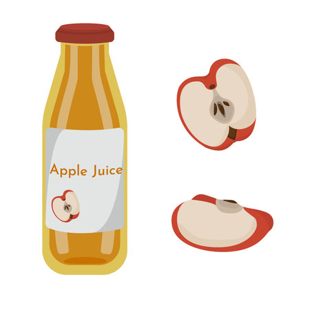 Vector set of apple juice in a bottle with apple slices. Logo of fruit drink isolated on white background. Icons for cafe and menuのイラスト素材