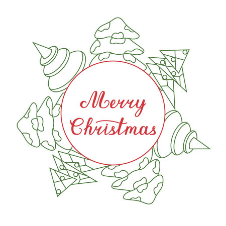 Vector postcard with Christmas trees. Christmas font for banners, postcards and packaging. Simple template for winter holidays. Image of different Christmas trees and text in doodle style.のイラスト素材