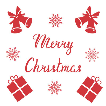 Christmas lettering with bells and snowflakes. Greeting card for winter holiday. Vector template for packaging, postcard and posters. Image of gifts, snowflakes and bells in doodle style.のイラスト素材