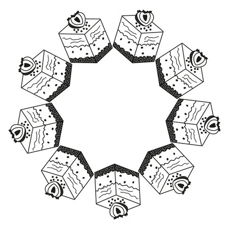 Vector cakes arranged in a circle. Pastry image with space for text. Sweet pastries with berries in doodle style. Illustration of pieces of cakesのイラスト素材