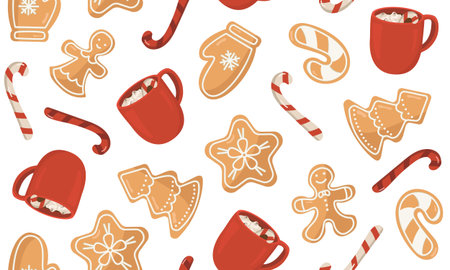 Vector seamless pattern with gingerbread and cocoa with cream. New Year and Christmas treats. Background with cookies and drinks for wallpaper and packaging. Holiday baking in different figuresのイラスト素材