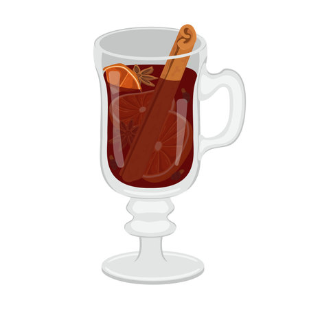 Vector image of red wine mulled wine in a glass mug. Image of alcoholic cocktail of wine with anise, ginger and oranges with cinnamon. Logo and icon for coffee pots isolated on white backgroundのイラスト素材
