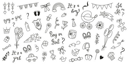 Baby Gender Reveal Party Set in Doodle Style. Boy or Girl. Vector Illustration. Image of Party Items and Newborn Things.のイラスト素材