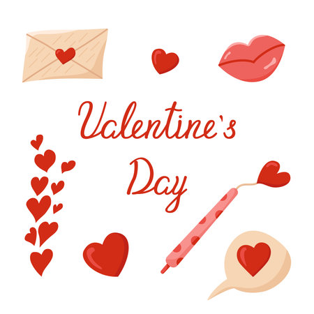 Set of Vector objects for Valentine's Day. Color image of a love letter with a pen, lips and hearts. Declaration of love. Elements for a wedding and Valentine's Day, isolated on a white backgroundのイラスト素材