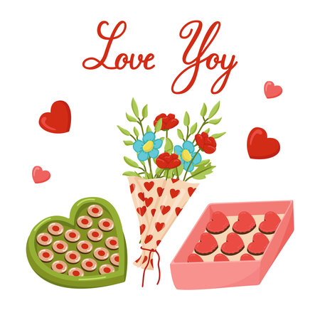Vector Valentine's Day card. Color image of a bouquet of roses and boxes of chocolates. Declaration of love. Elements for wedding and Valentine's Day isolated on white backgroundのイラスト素材