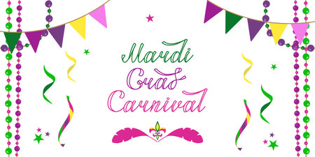 Vector background for Mardi Gras carnival. Party invitation card with beads, flags and confetti with text. Multicolored and rainbow holiday posterのイラスト素材