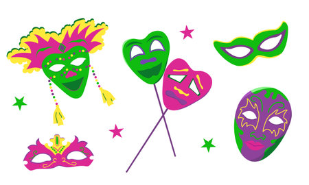 Vector set with elements for Mardi Gras carnival. Bright Images of different masks for design and logos. Colorful elements of party outfitsのイラスト素材