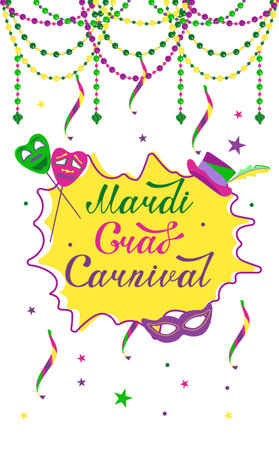 Vector poster for Mardi Gras carnival with text in vertical view. Party invitation with beads, masks and confetti. Multicolored and rainbow background for the holidayのイラスト素材