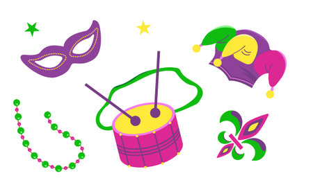 Vector set with elements for Mardi Gras carnival. Bright Images of hats, masks with beads and drums for design and logos. Colorful elements of party outfitsのイラスト素材