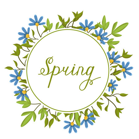 Vector frame with flowers and leaves. Spring botanical illustration for cards, invitations and wedding designs. Wreath of cornflowers and greenery for various designs.のイラスト素材